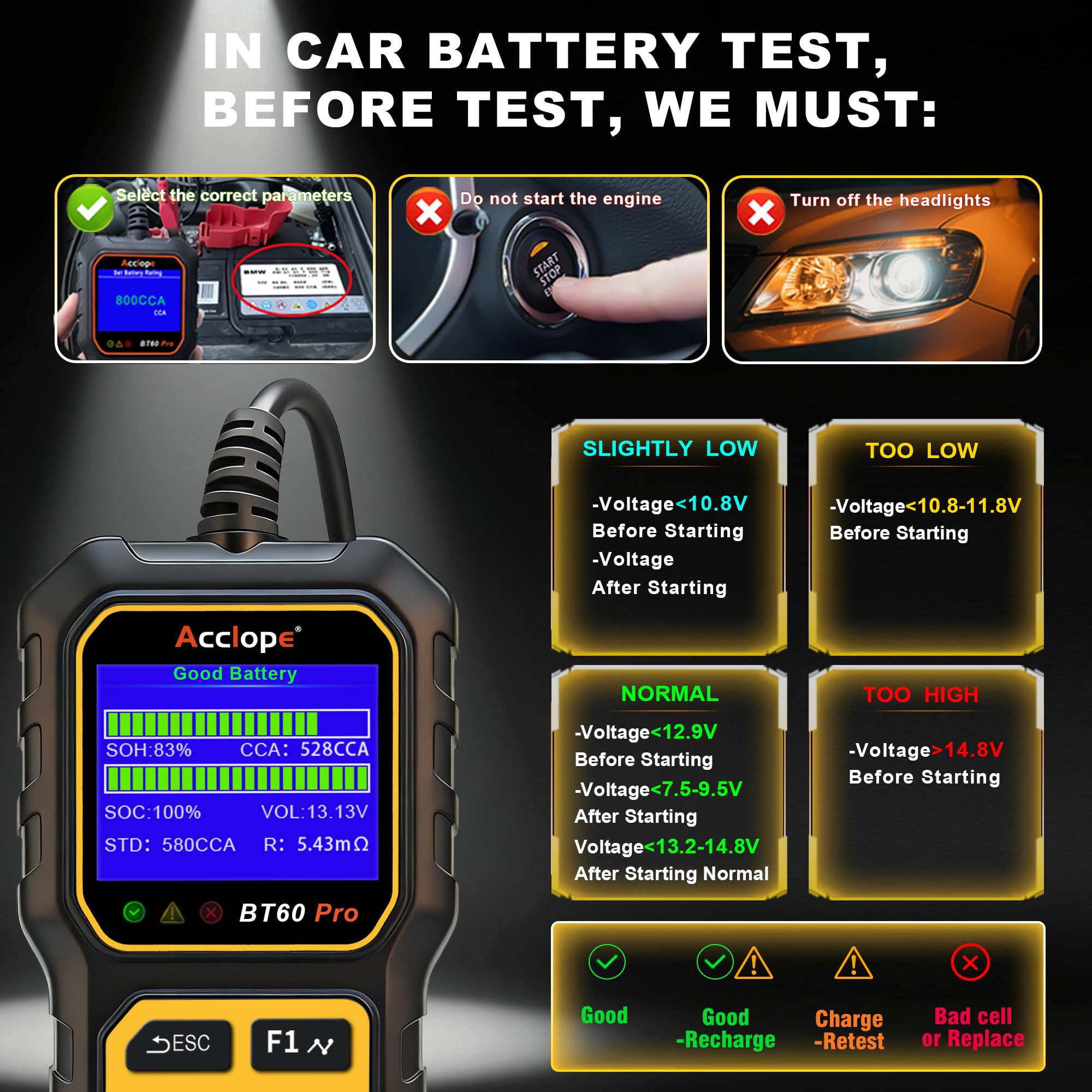 Acclope BT60 PRO conducting a starter lithium battery test useful for modern vehicle packs