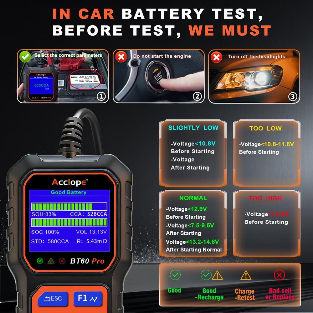 Acclope BT60 PRO built-in LED lighting illuminating battery terminals in low light