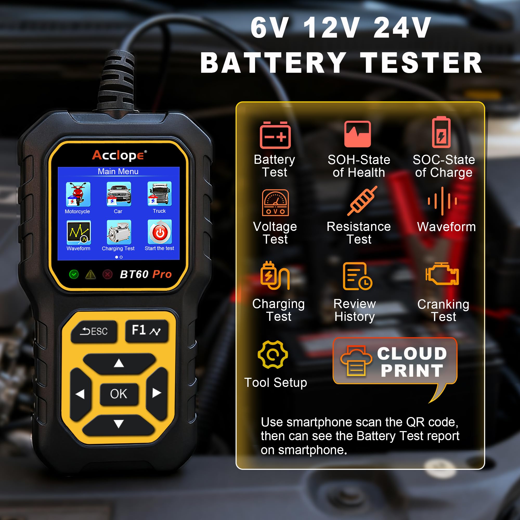 Acclope BT60 PRO connected to car battery under hood for fast on-vehicle battery checks