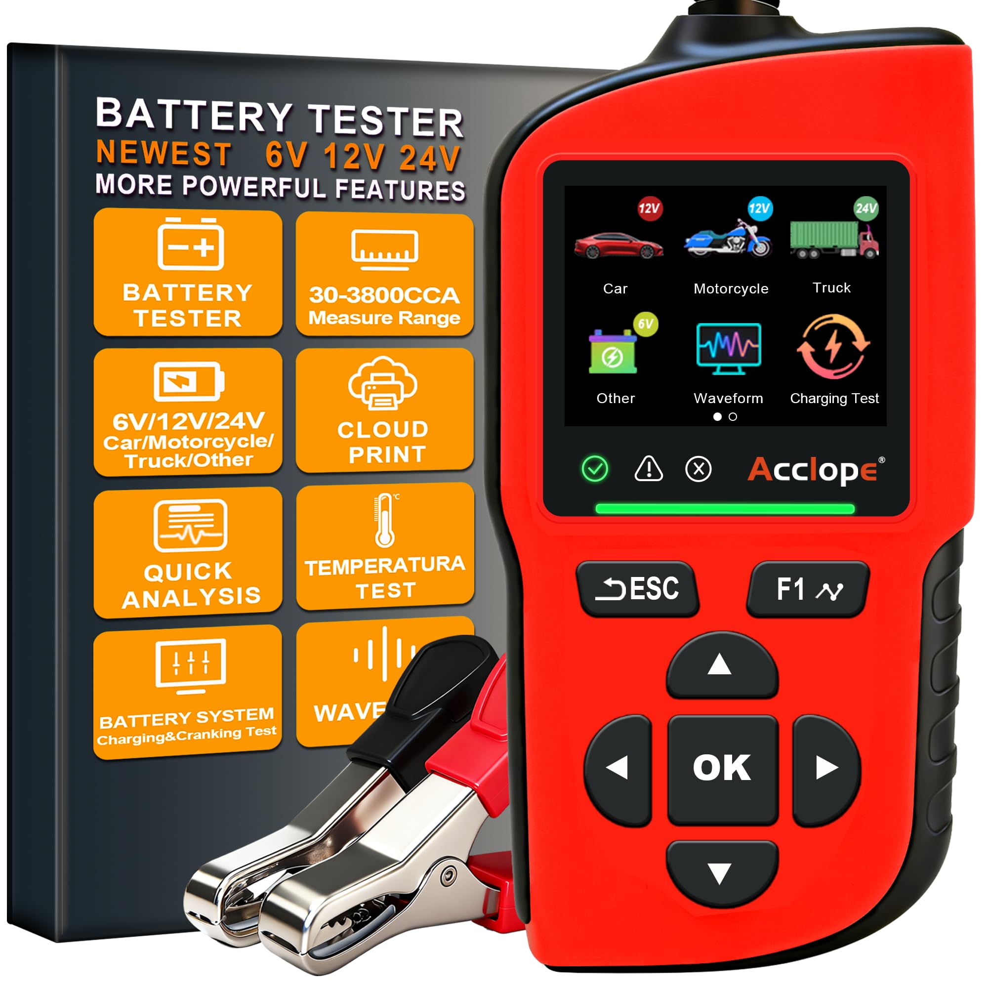 Acclope BT90 PRO front panel showing readable screen and keys, simplifies diagnostics
