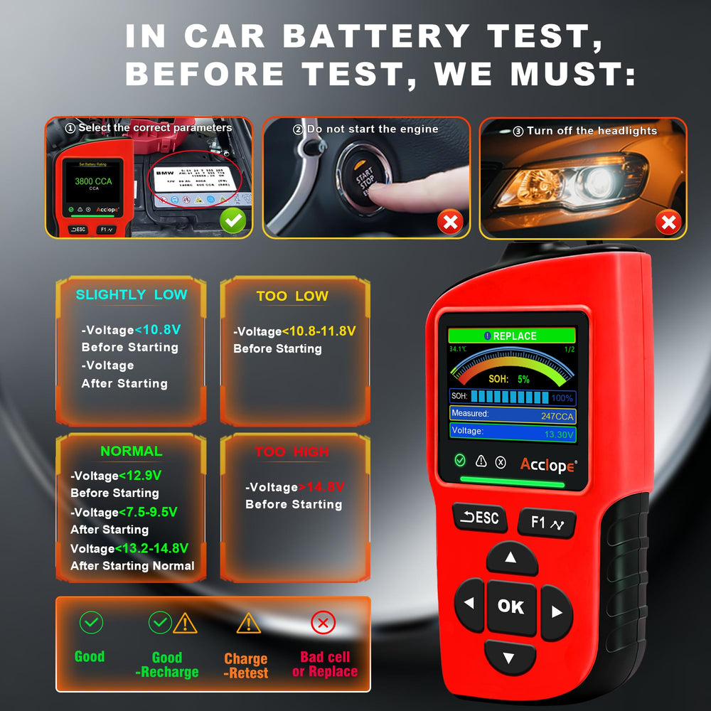Acclope BT90 PRO testing a car battery, speeds front-lane triage