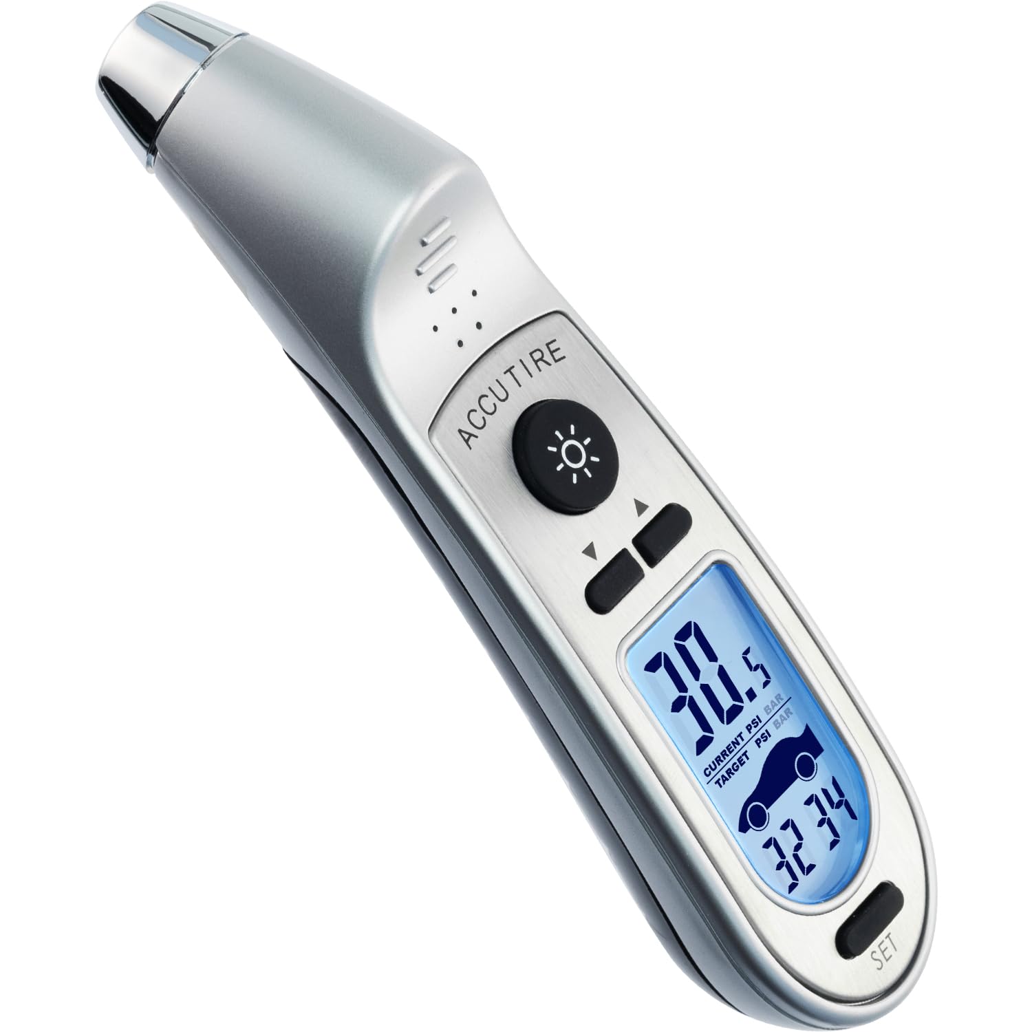 Accutire front view showing gauge face and easy grip for quick checks