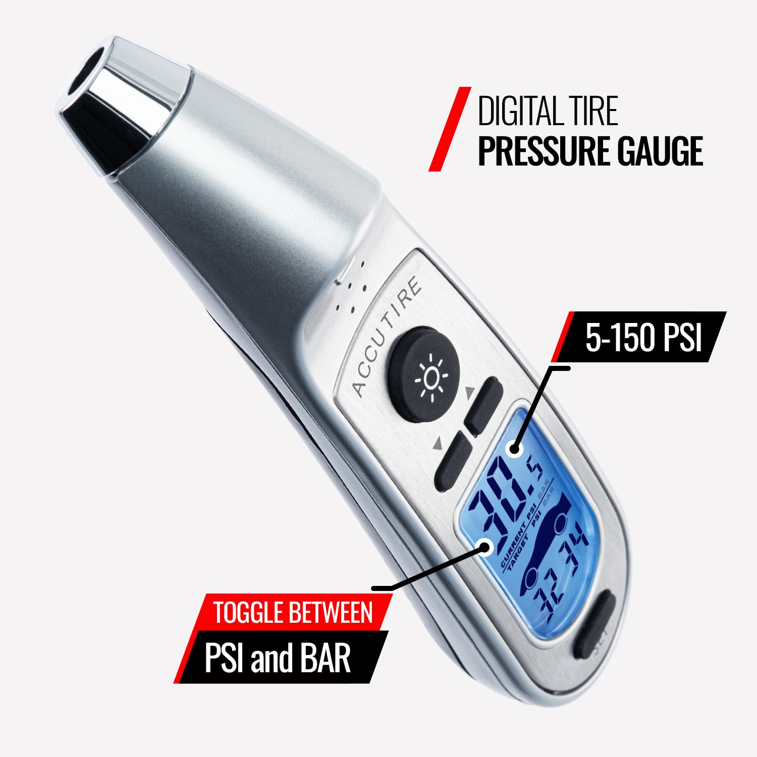 Accutire nozzle placed on tire valve demonstrating accurate measurement