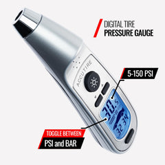 Accutire nozzle placed on tire valve demonstrating accurate measurement