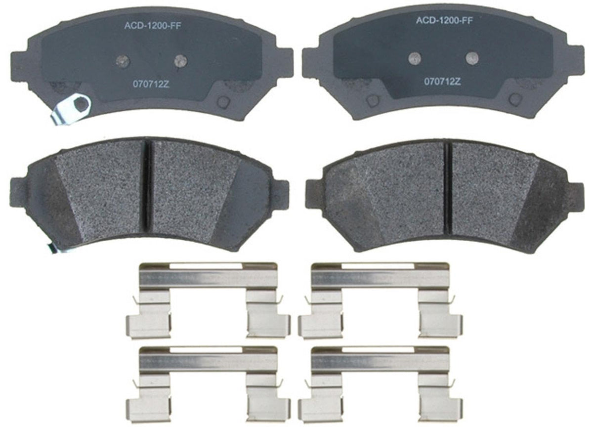 ACDelco front brake pad set packaging showing brand and fitment benefits