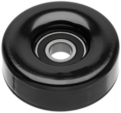 ACDelco Gold idler pulley front view showing mounting hole and smooth surface, ensures correct belt routing