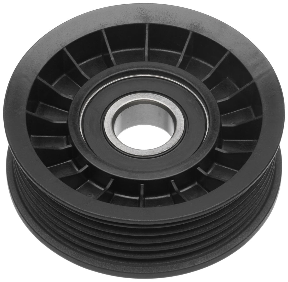 ACDelco Gold flanged idler pulley front view showing mounting hole and flange for correct belt tracking