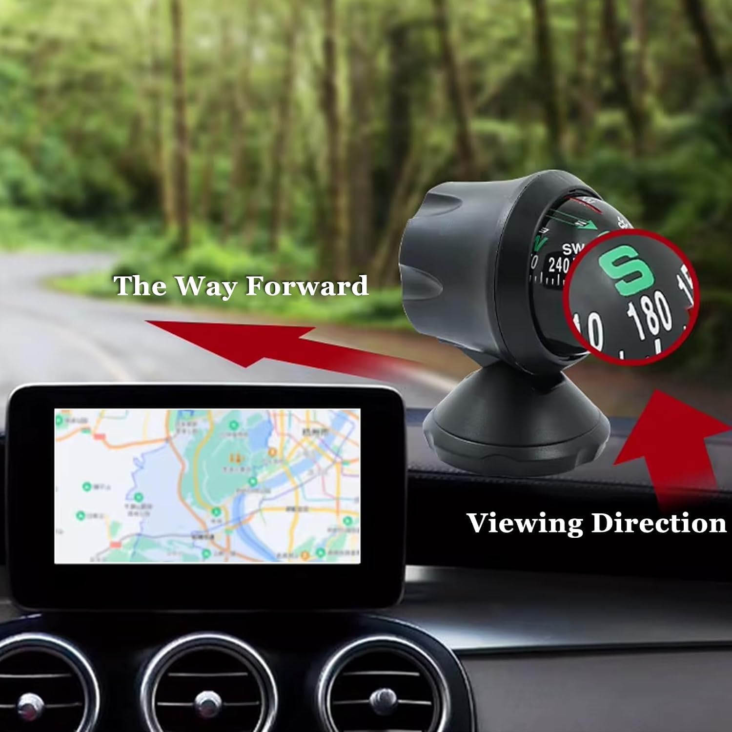 Acdion compass installed on car dash demonstrating stable placement benefit