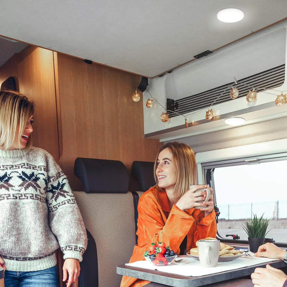 acegoo installed in camper van overhead creating consistent cool-white cabin lighting