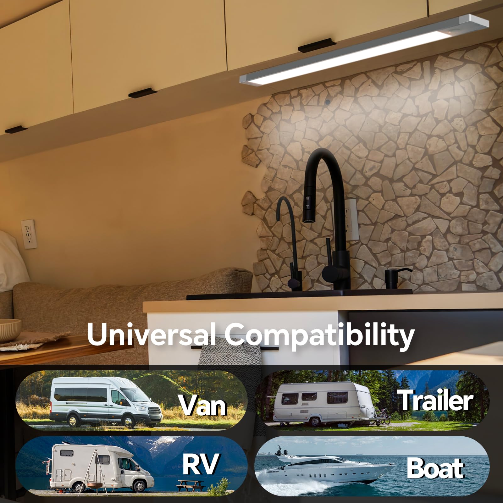 acegoo under-cabinet lifestyle placement providing task lighting in RV kitchen