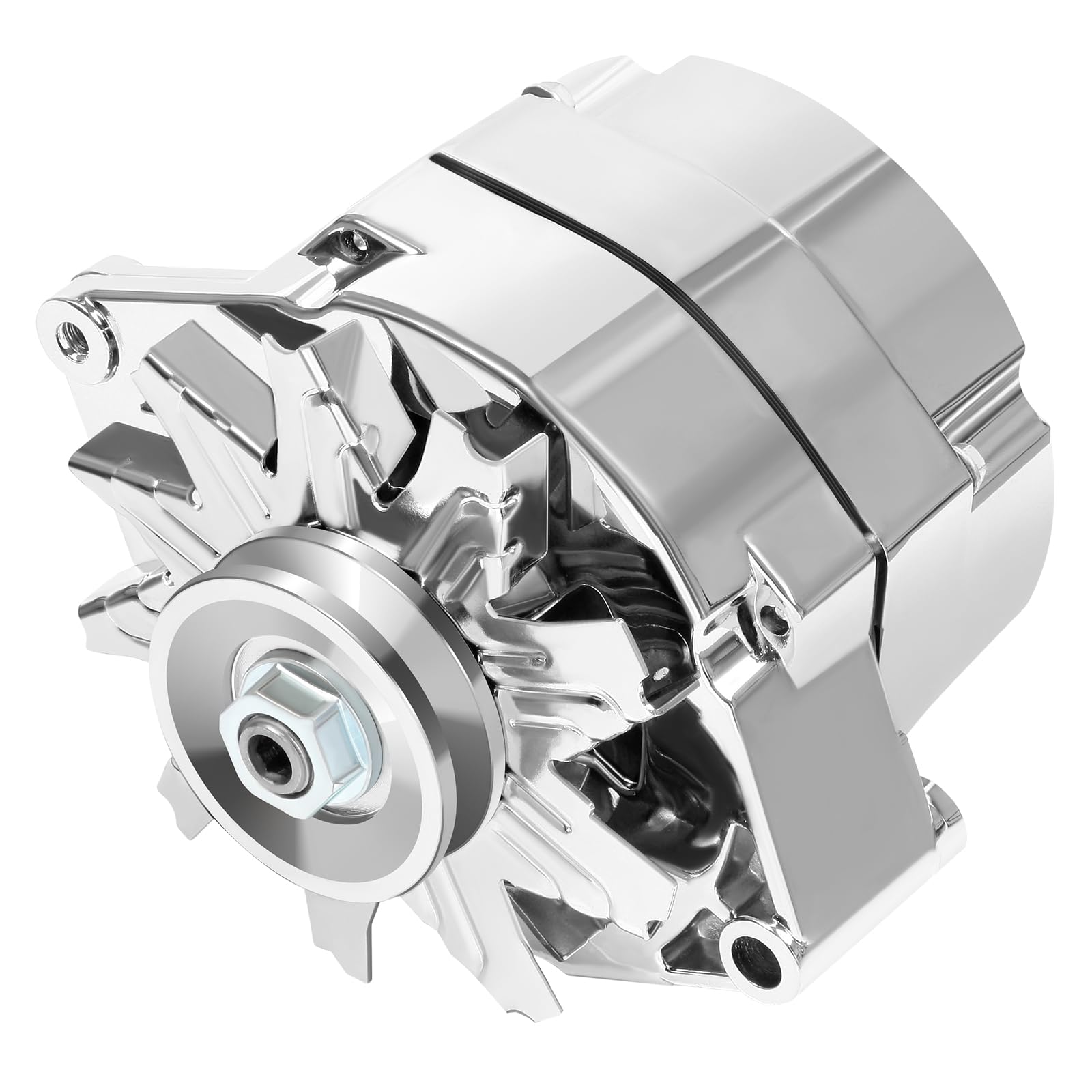 ACEOOYCC chrome alternator front view showing polished housing and mounting, improves engine bay appearance