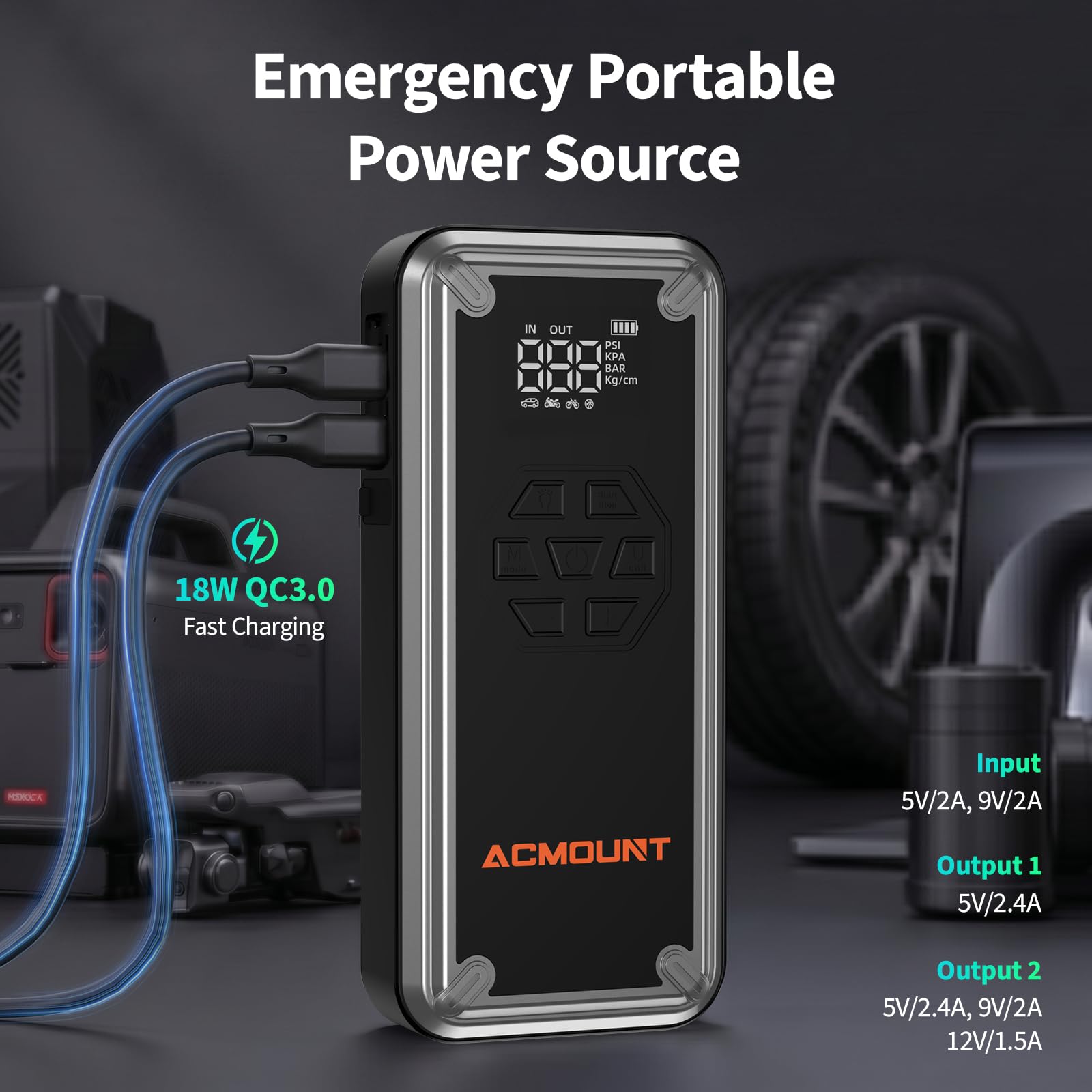 Acmount W160 charging a smartphone via USB highlighting portable device power