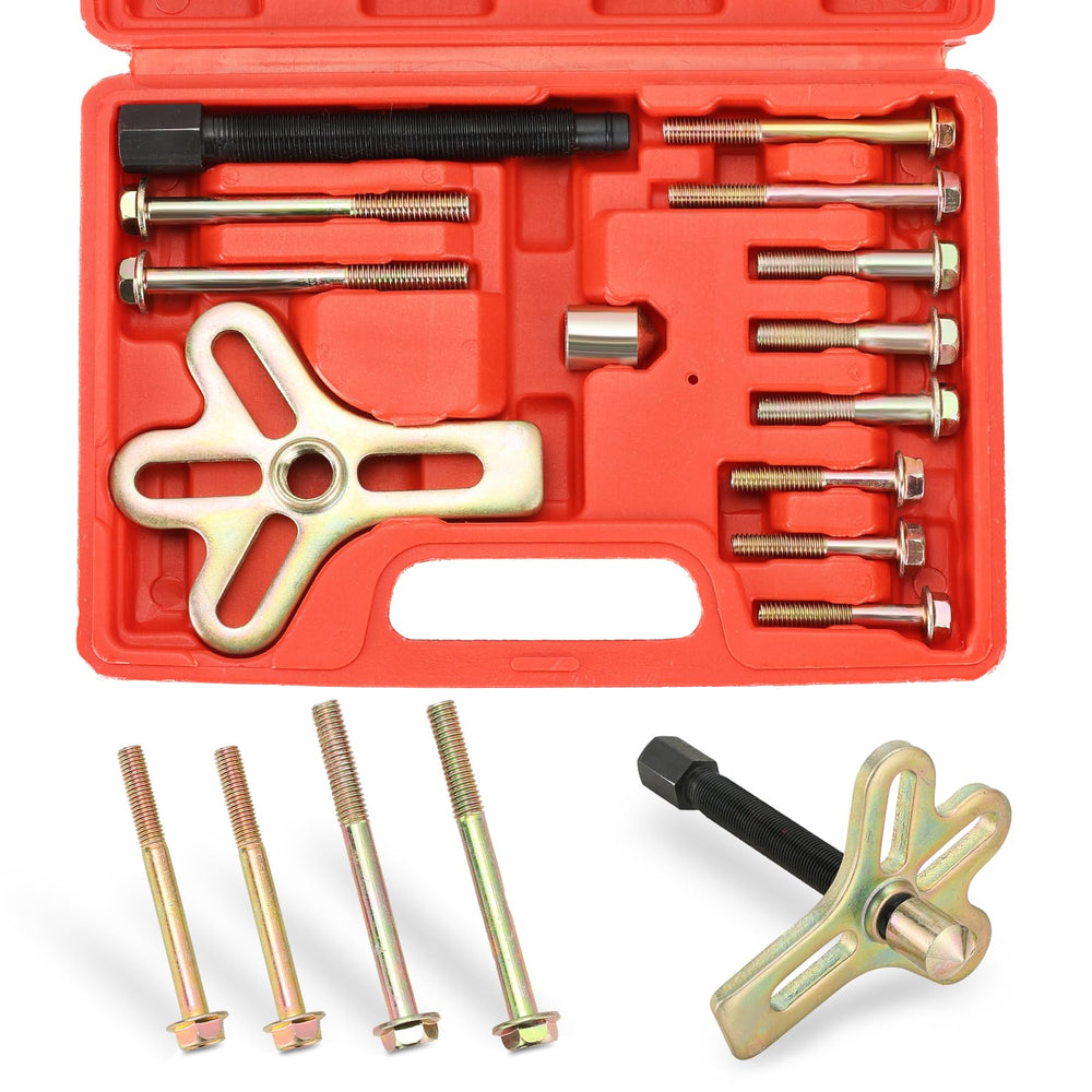 Acymner front view of complete puller kit showing components and sturdy case benefit