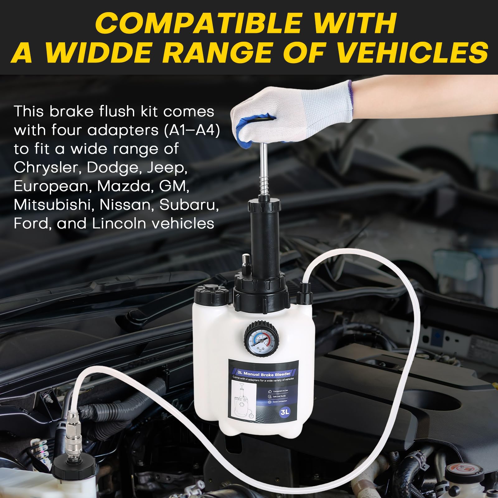 Acymner brake bleeder in use at a vehicle wheel illustrating single-person operation