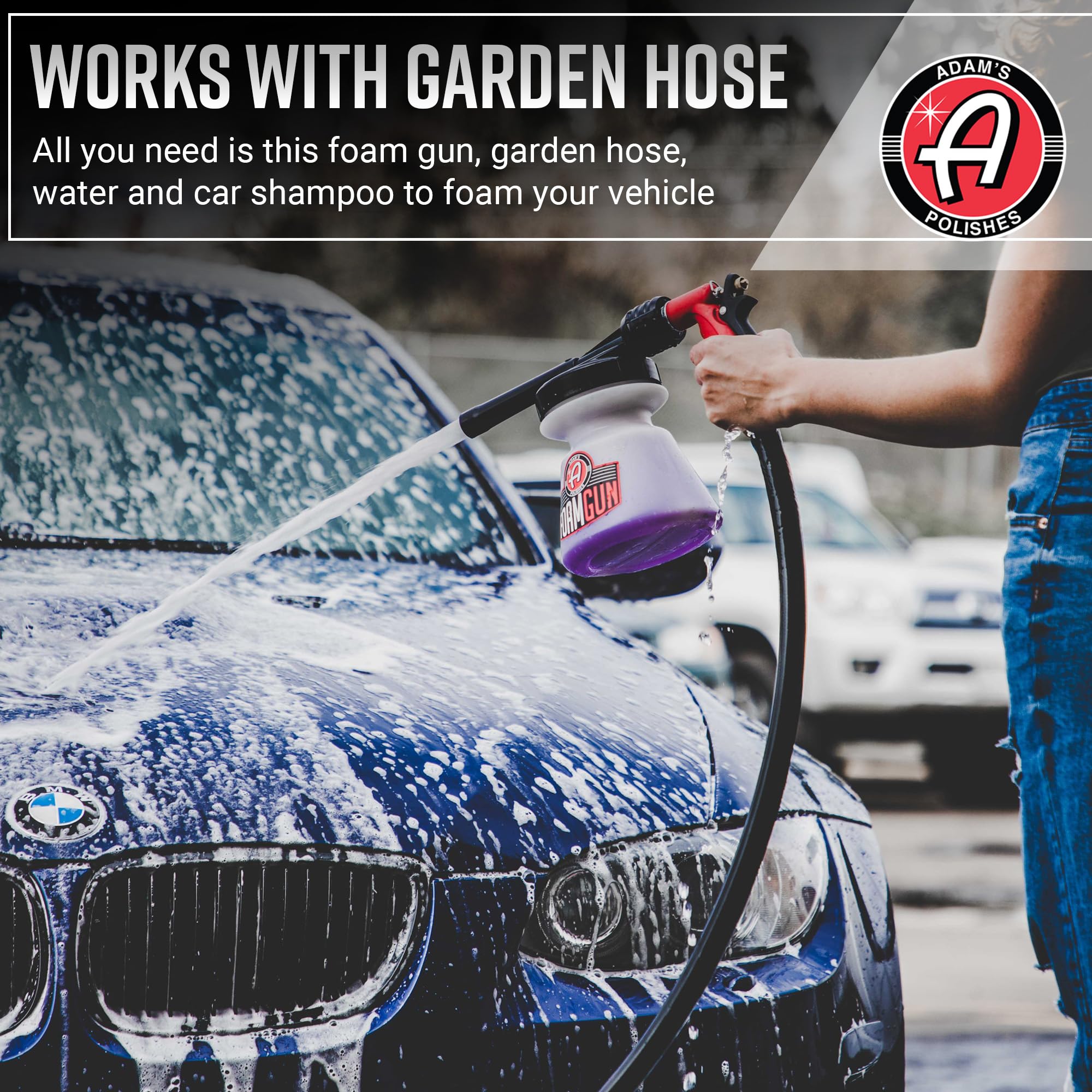 Adam's Polishes spraying thick foam across a car hood, improving dirt lift and cling
