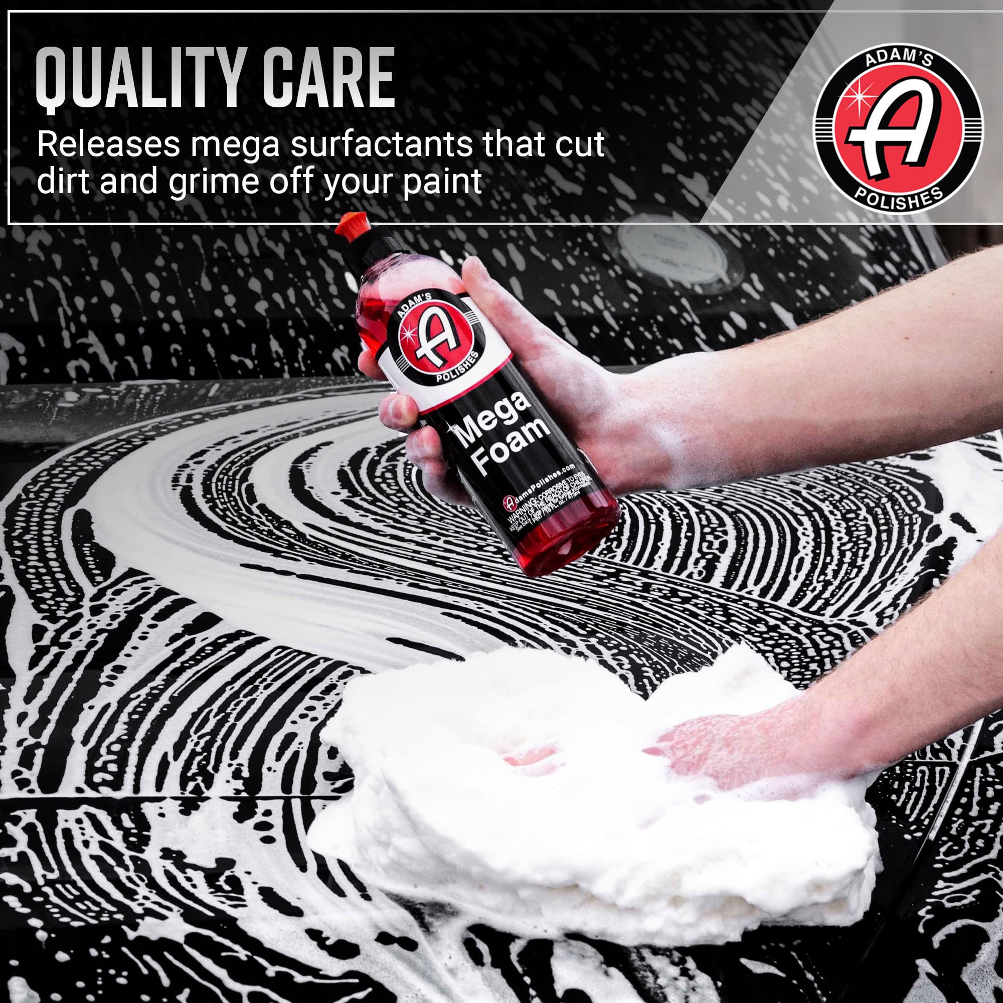 Adam's Mega Foam used in a garage setting showing efficient car care