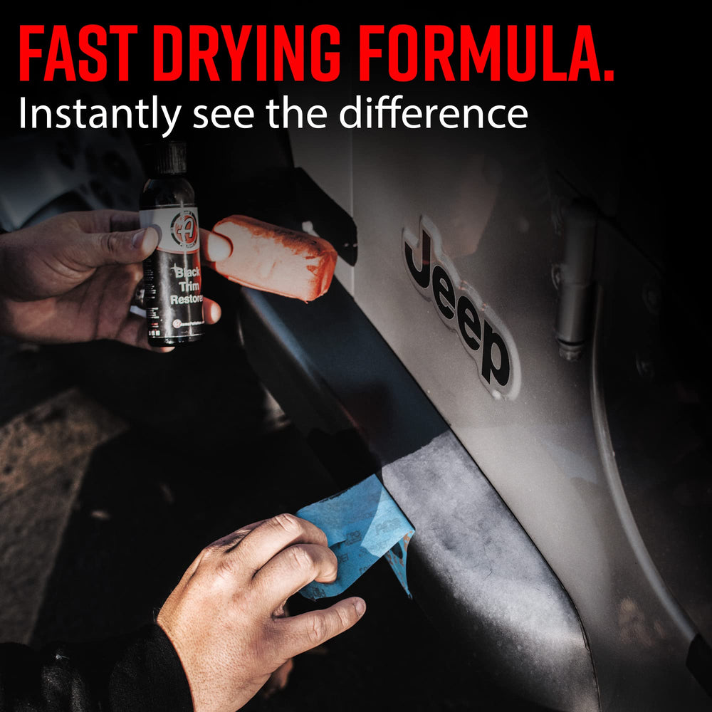 Adam's Polishes applicator applying restorer on a car door trim demonstrating straightforward use