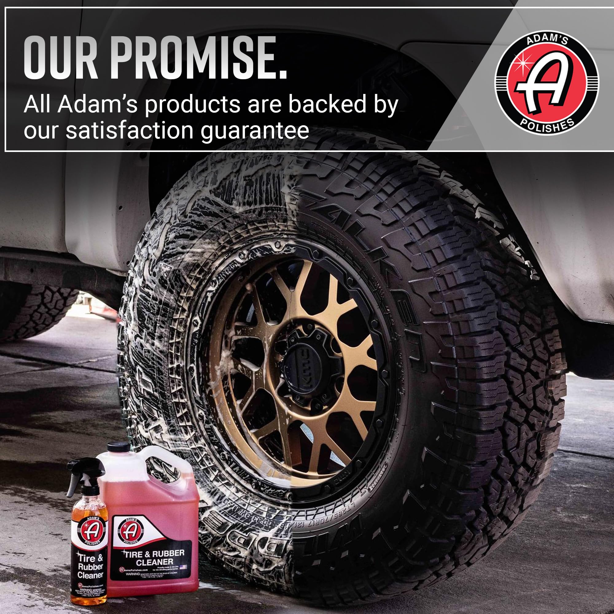 Adam's Polishes bottle staged with detailing tools to show professional use