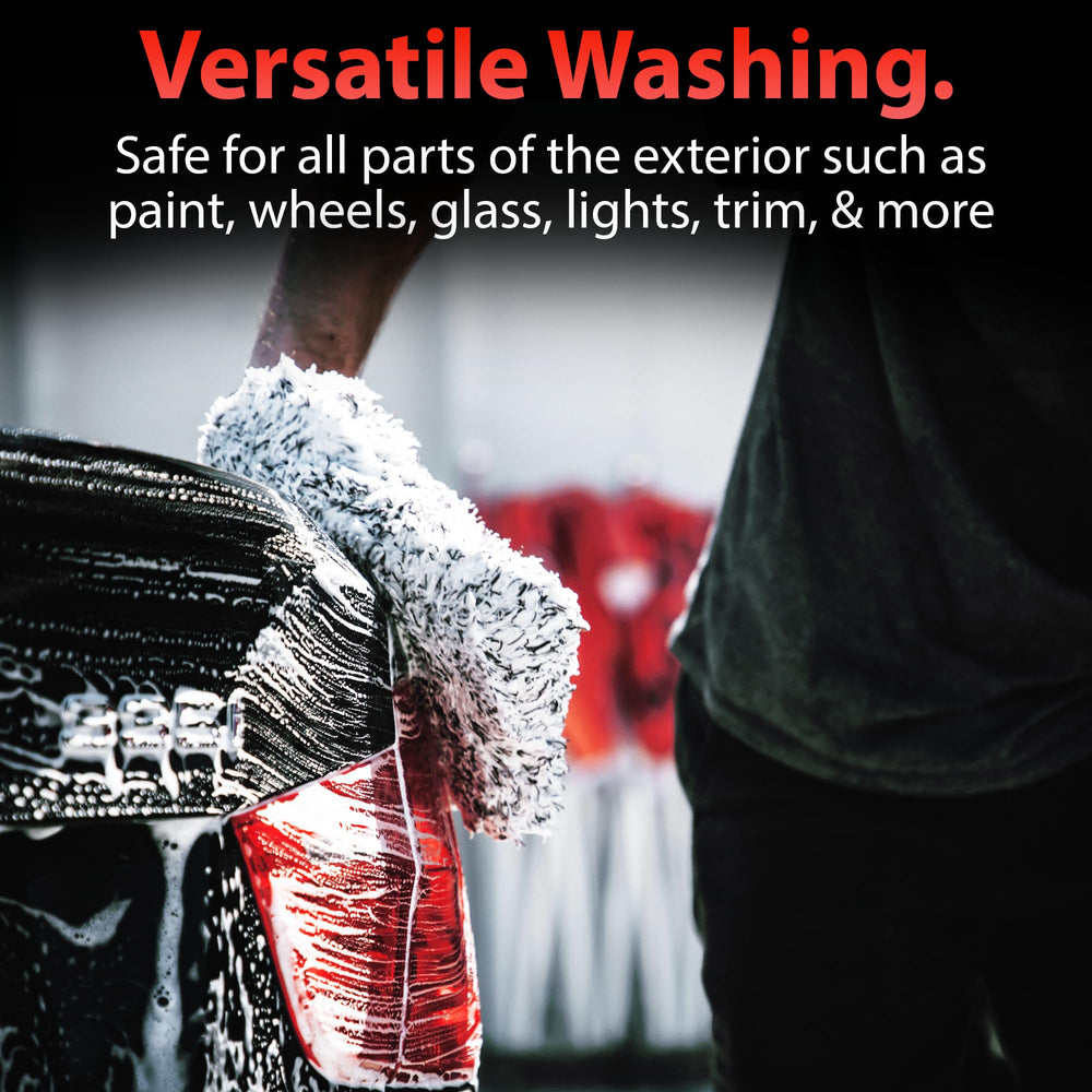 Adam's Polishes mitt beside wash bucket showing size and absorbency benefits