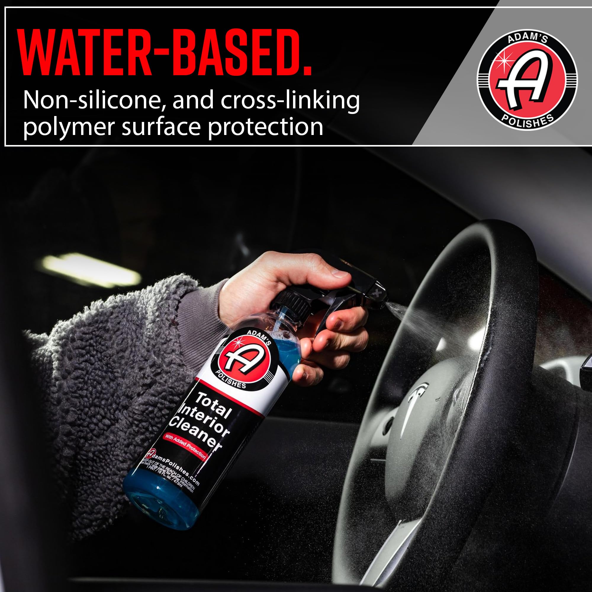 Adam's Polishes bottle with microfiber towel demonstrating quick cleanup benefit