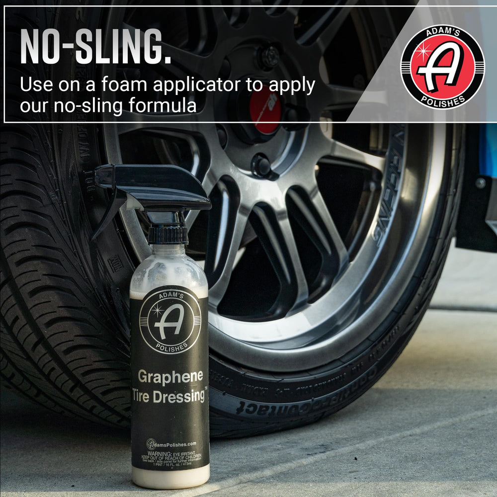 Adam's Polishes dressing applied to tire sidewall showing deep black renewal