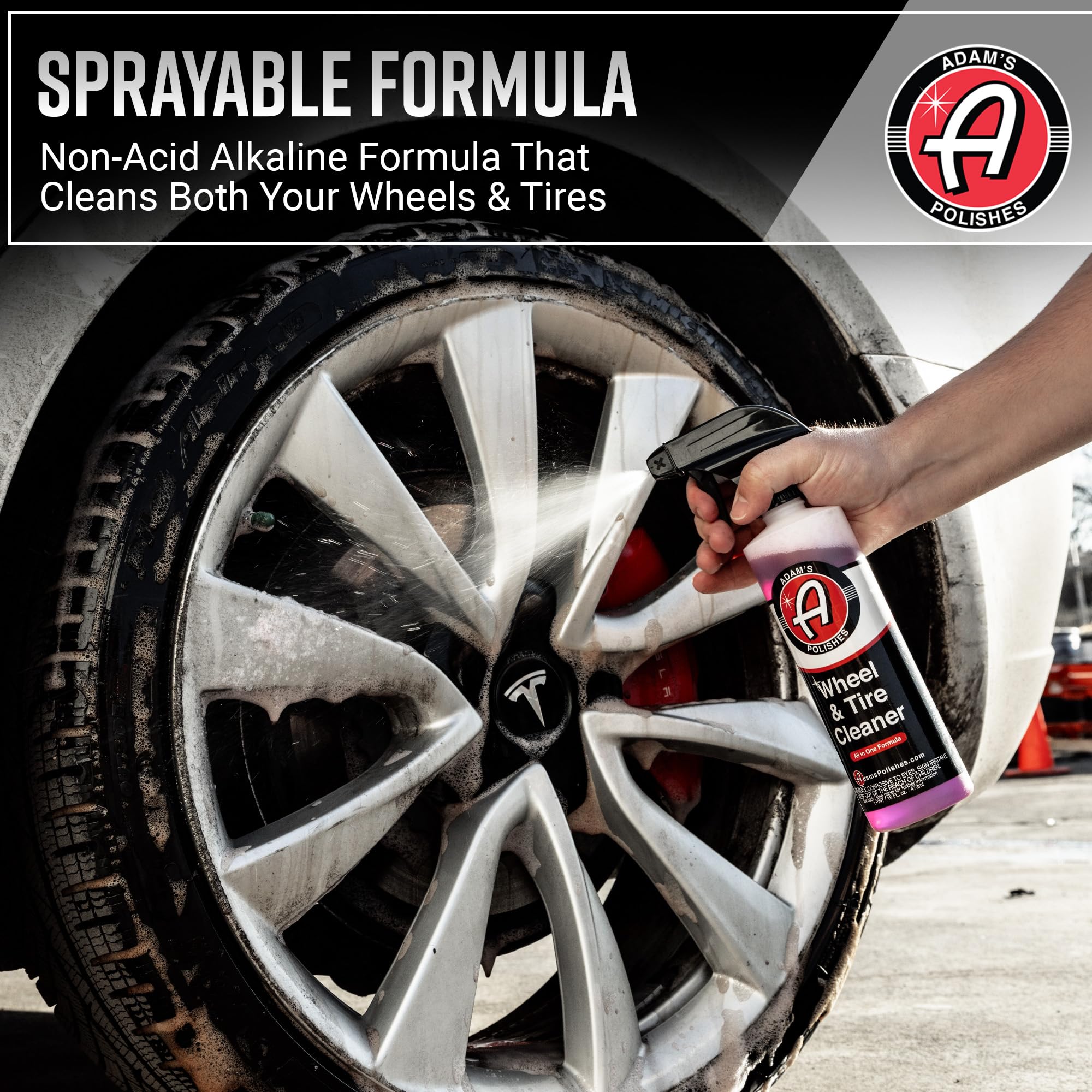Adam's Polishes cleaning tire sidewall with brush, restores tire color benefit