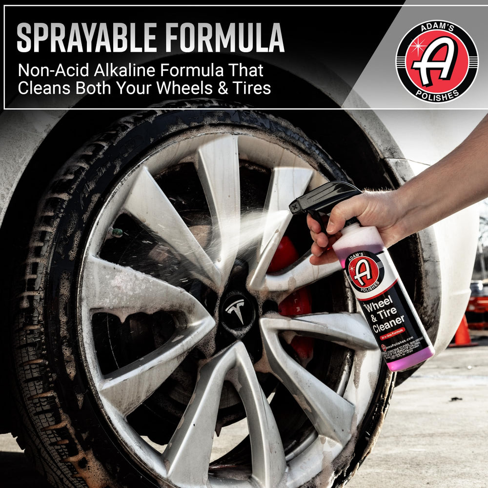 Adam's Polishes being sprayed onto a wheel to dissolve brake dust quickly