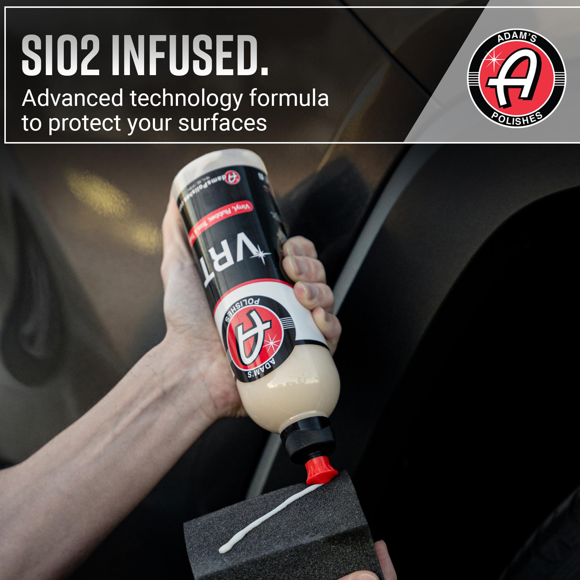 Adam's Polishes visible before and after on vinyl trim showing restored color and finish