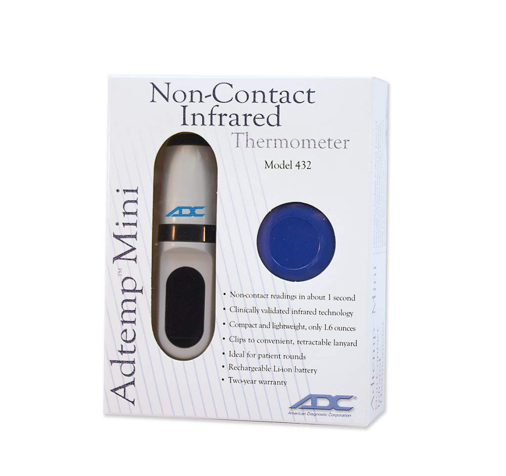 ADC Adtemp‑Mini 432 measuring forehead in use demonstrating non‑contact convenience