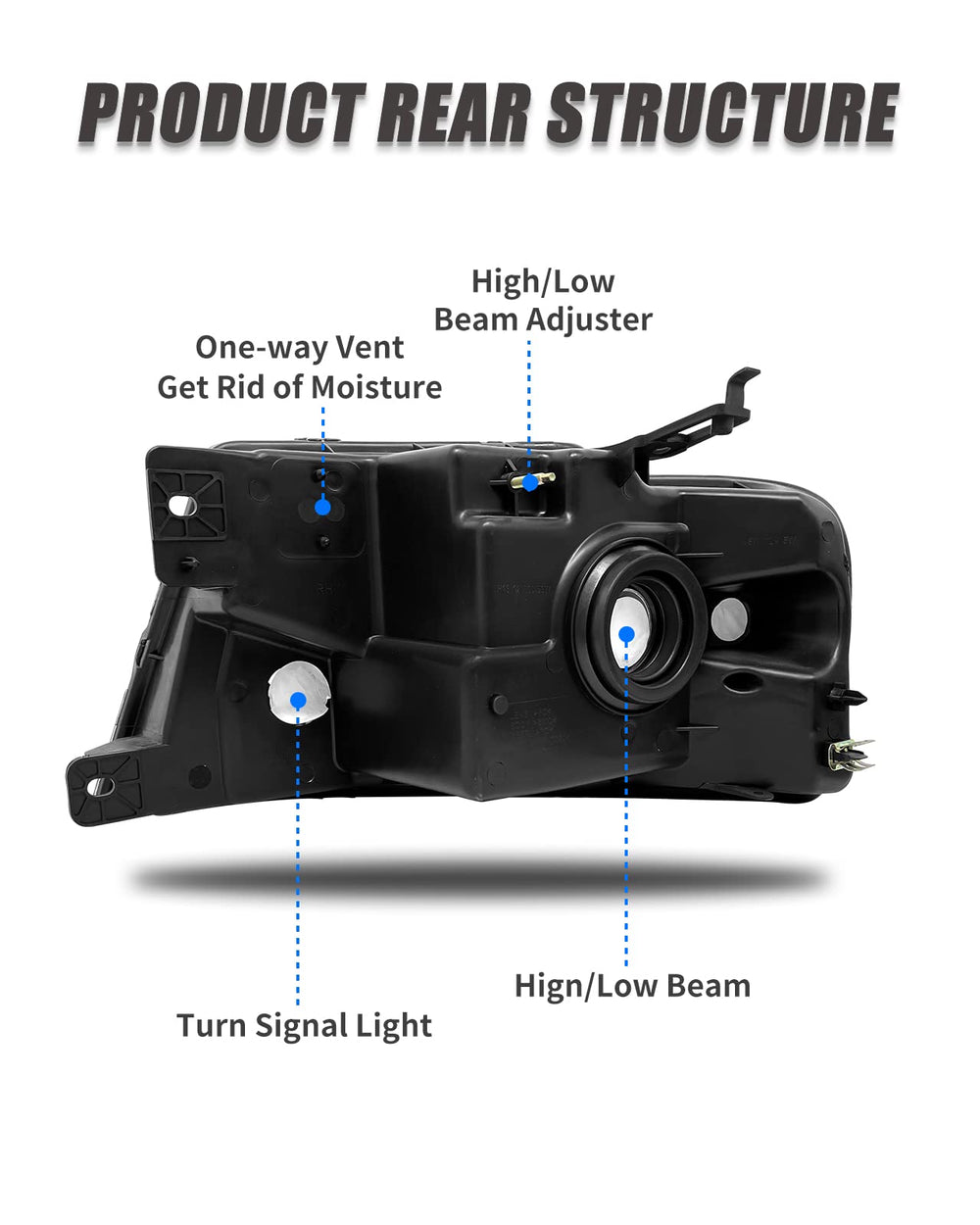 ADCARLIGHTS housing rear seal and connector showing waterproof protection