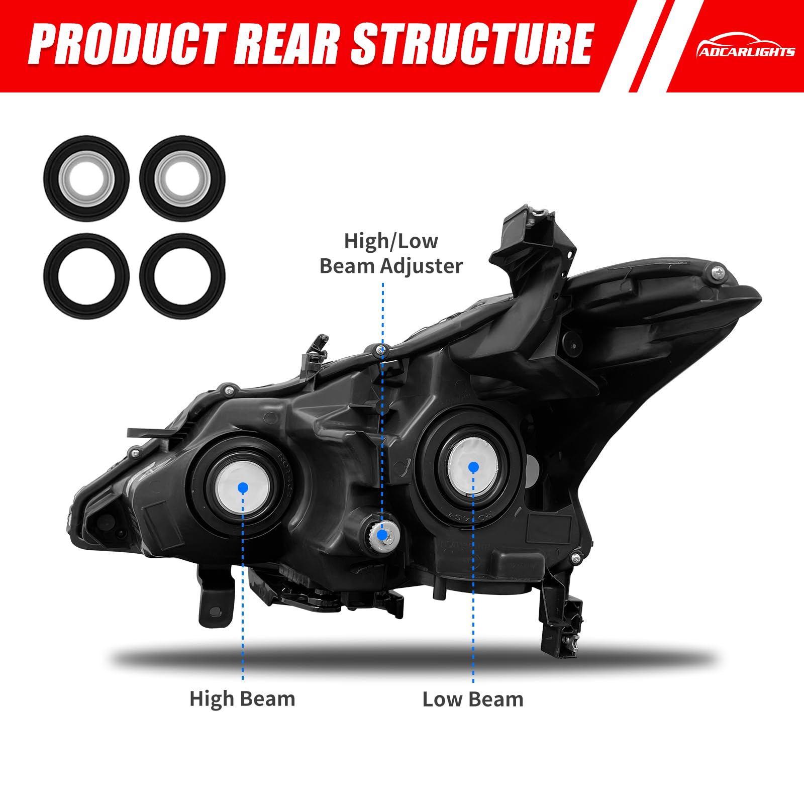 ADCARLIGHTS rear housing seal detail demonstrating waterproof IP65 protection