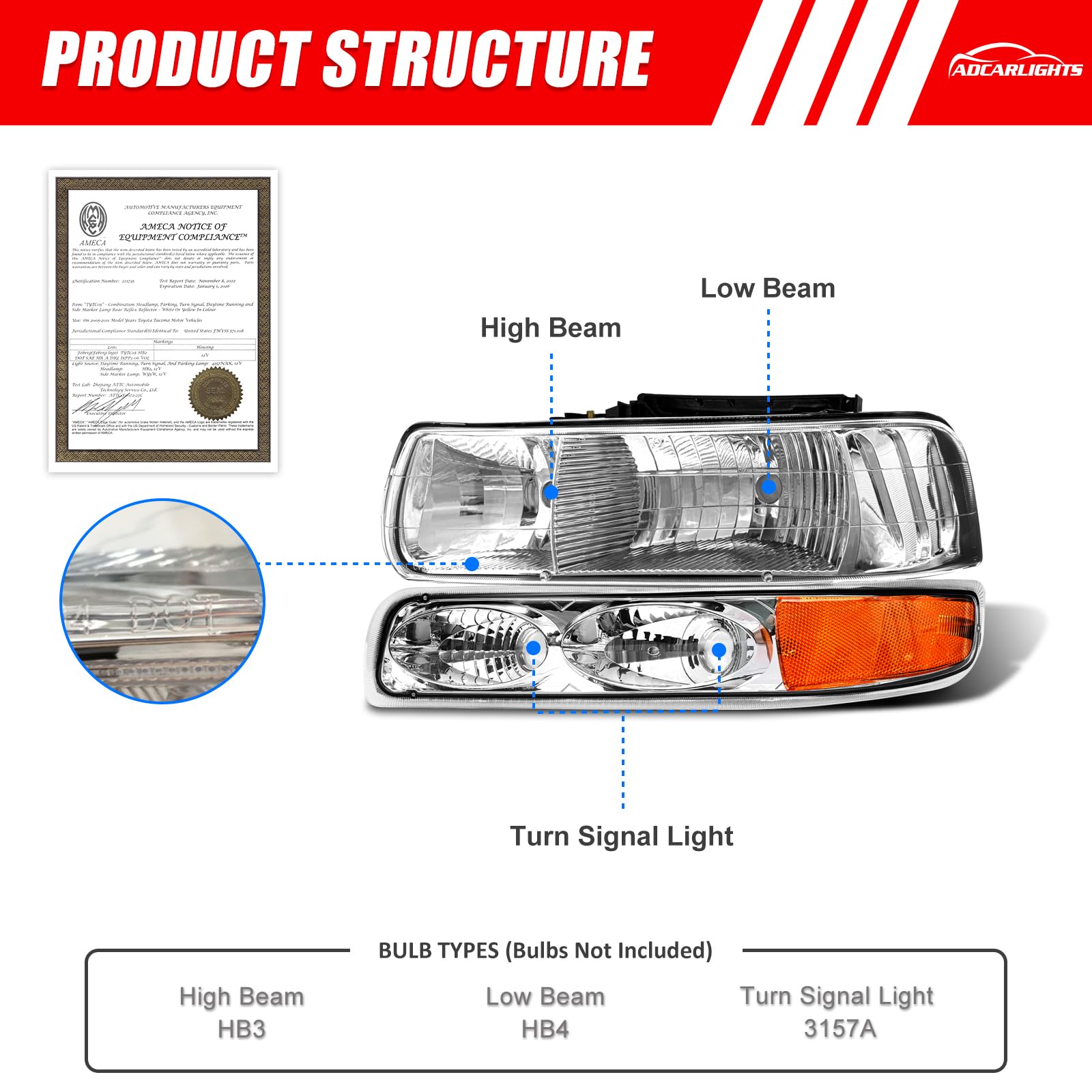 ADCARLIGHTS close-up of polycarbonate lens with UV coating for durability