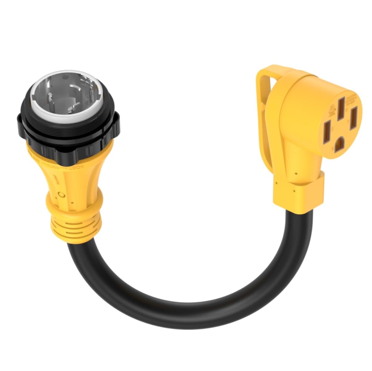 ADCAUDX adapter connected to boat pedestal and RV plug, reliable shore power