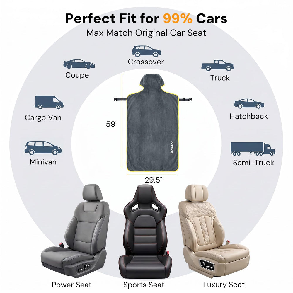 Adefor seat cover displayed next to ruler showing universal fit