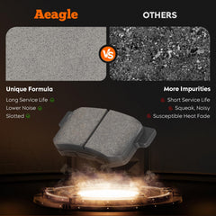 Aeagle ceramic front pad close-up showing grooved face for quieter braking