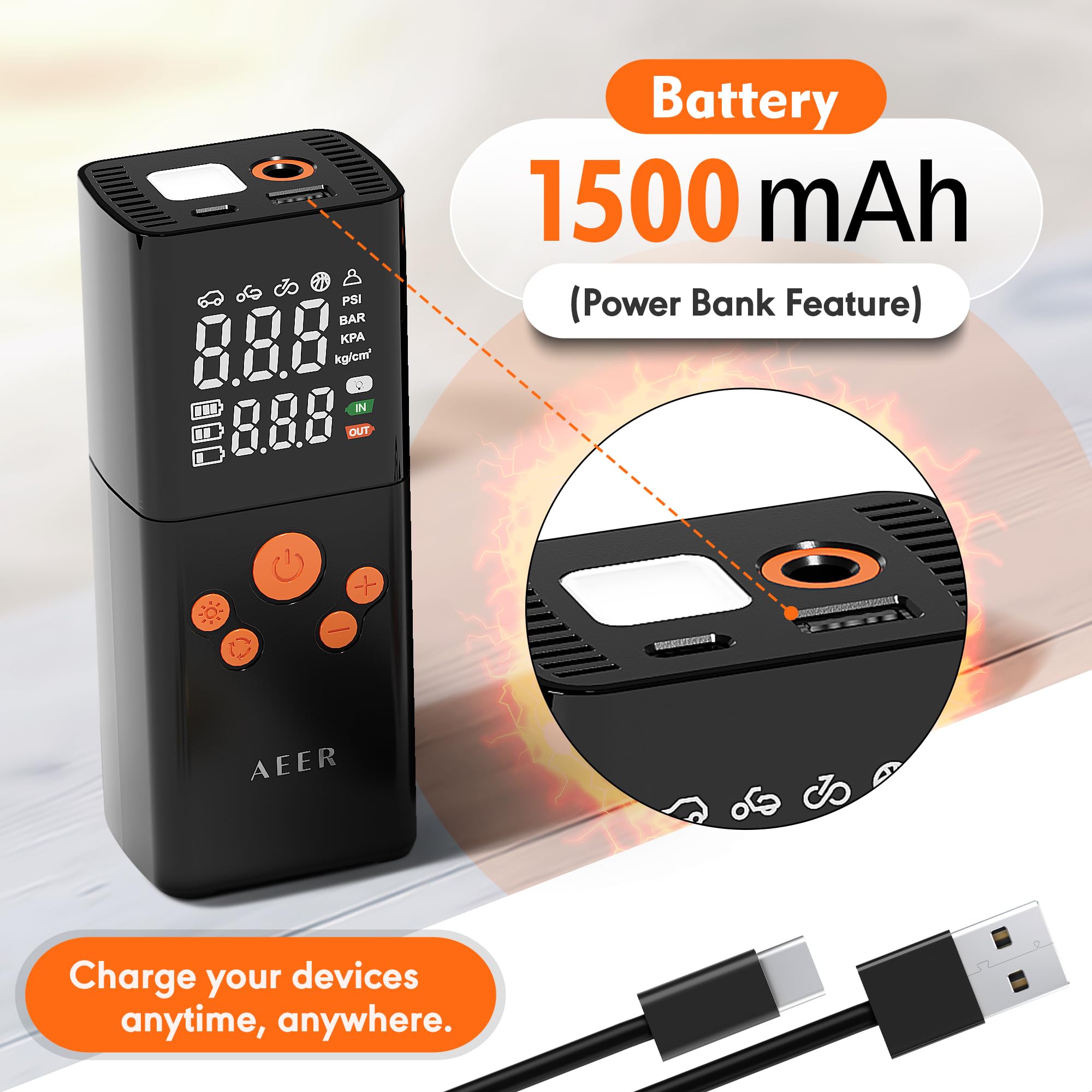 AEER charging a smartphone via USB showing built-in power bank convenience