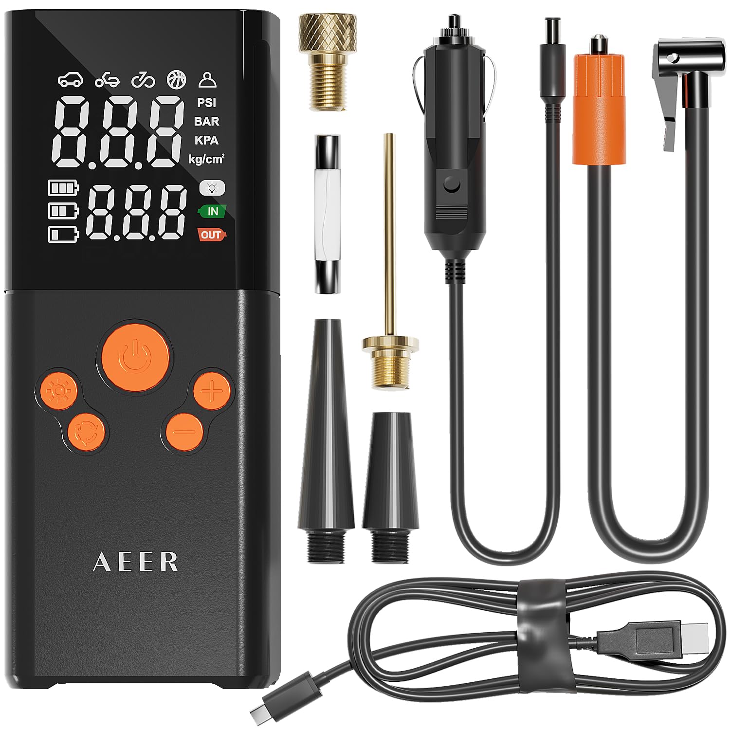 AEER front view of portable inflator showing controls and compact design for easy storage