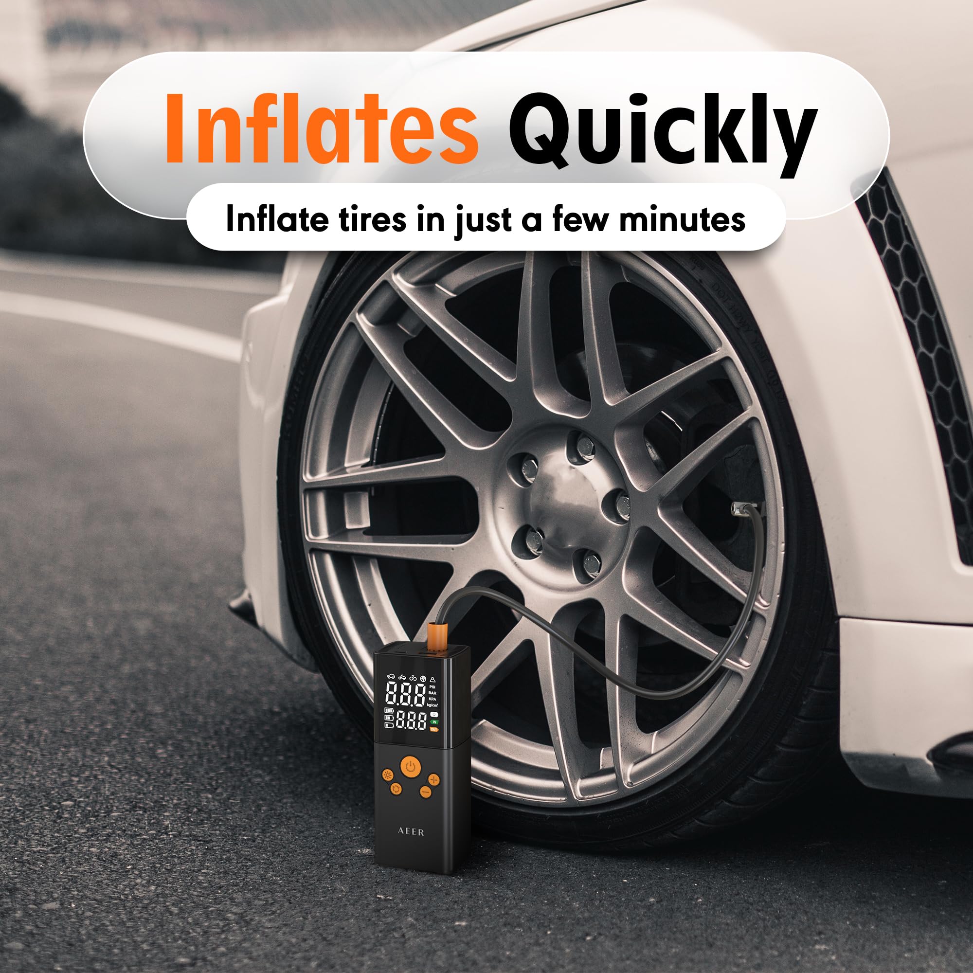 AEER inflator stored in car trunk offering quick roadside inflation and space-saving benefit