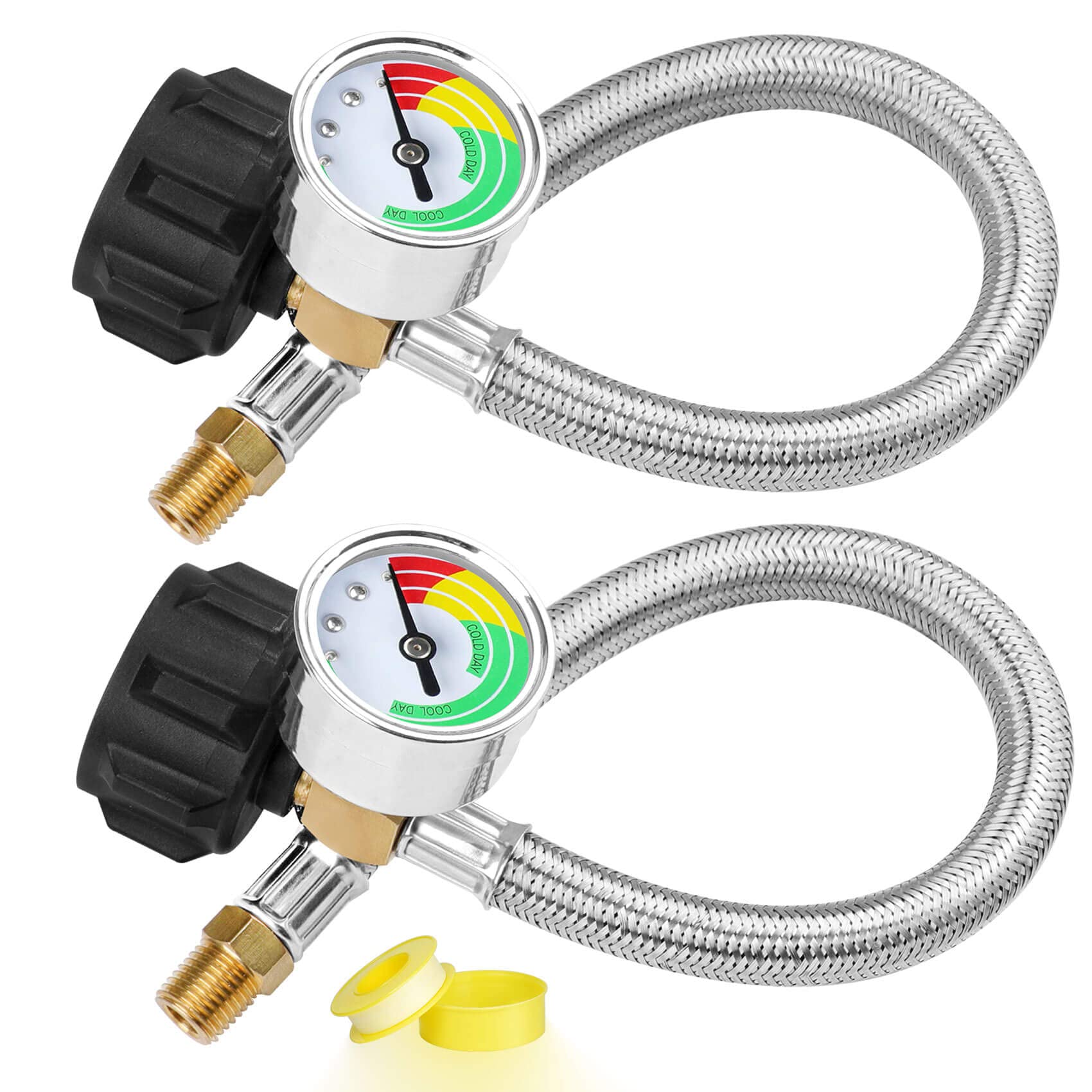 Aekops front view of two 15-inch propane hoses showing secure connection benefits