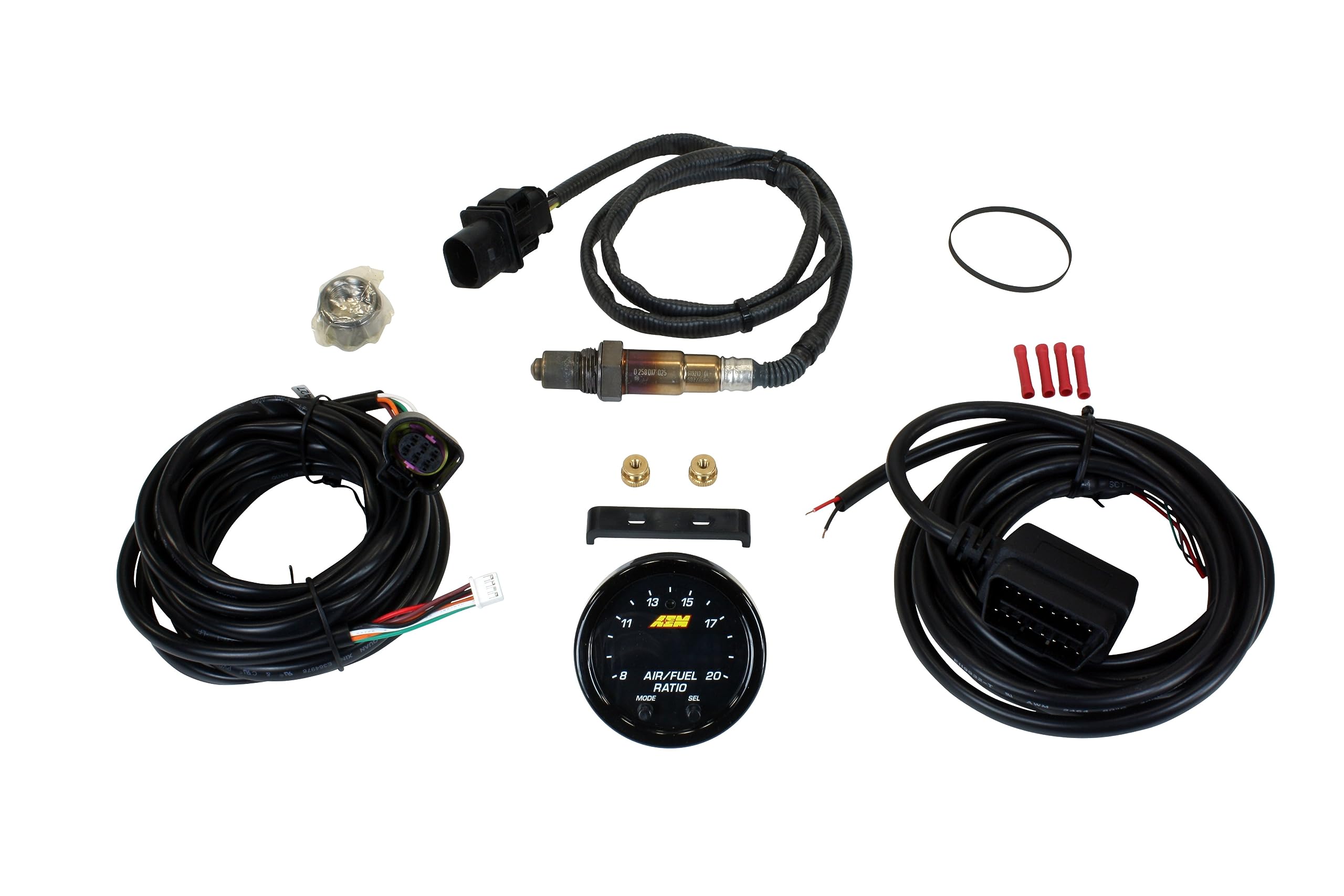 AEM gauge wiring and connectors showing OBD-II CAN RS232 outputs for easy integration