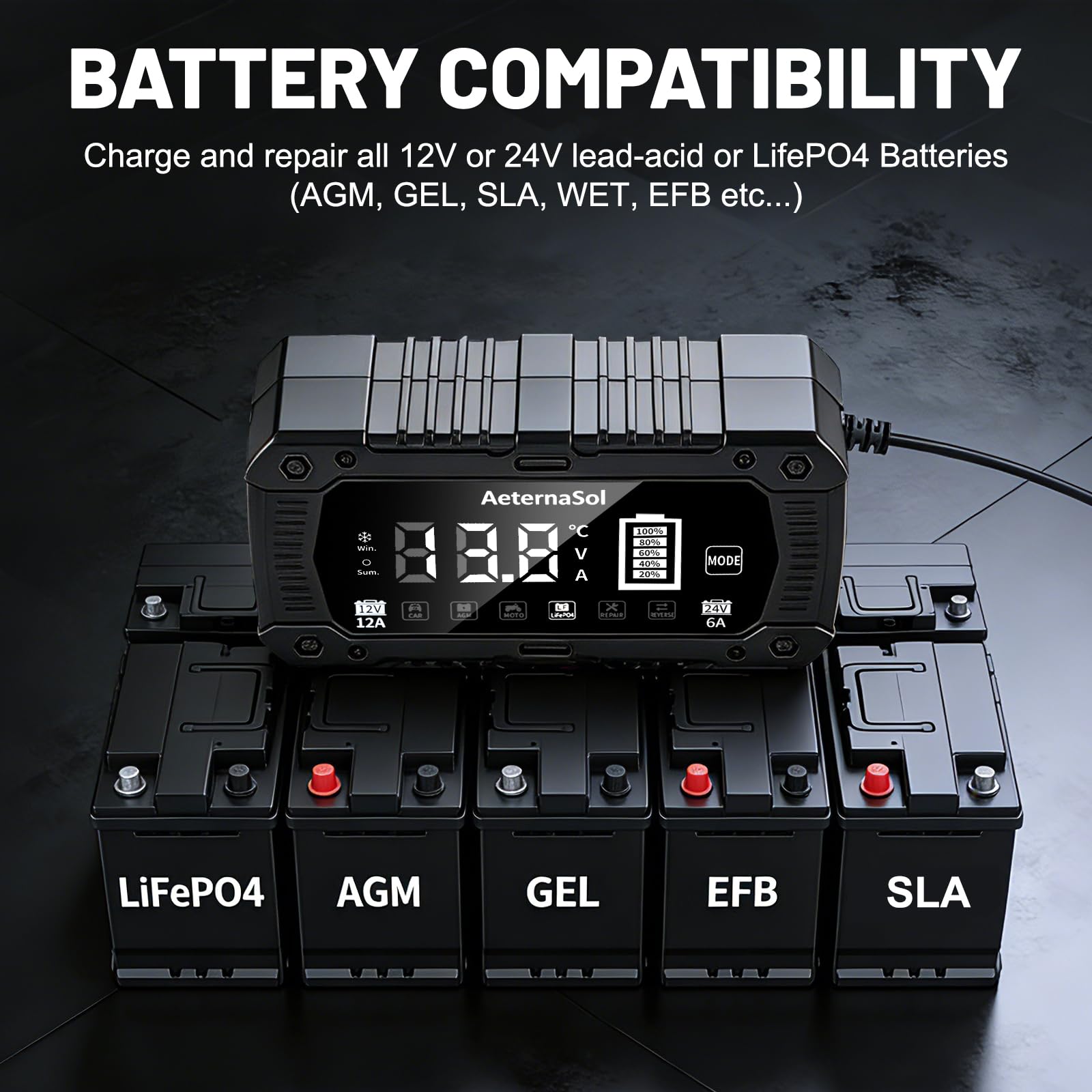 AeternaSol repair mode graphic illustrating pulse desulfation benefit for battery recovery