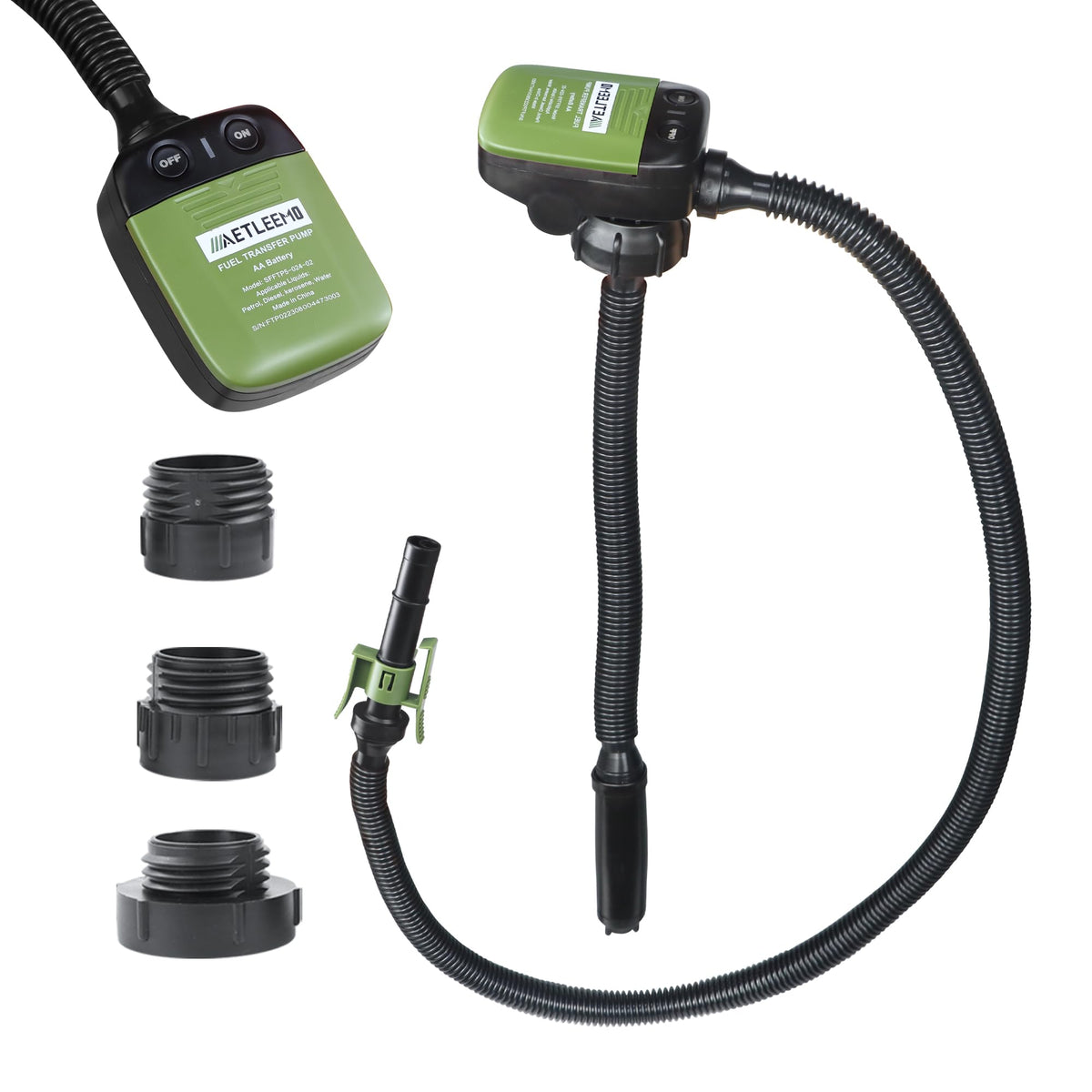 Aetleemo pump front view with adapters showing compact portability and quick setup