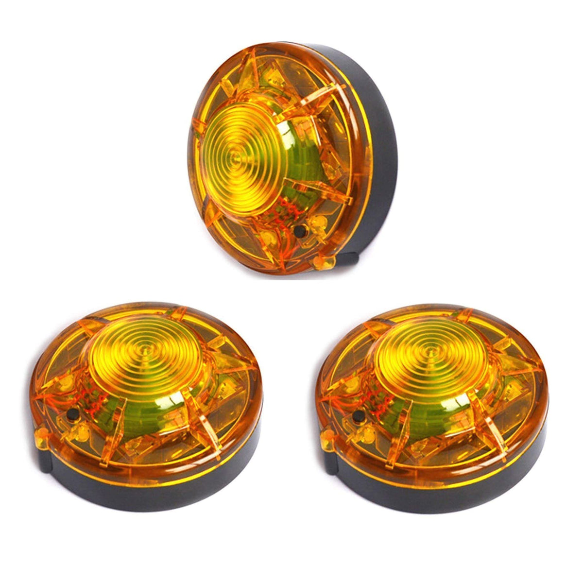 AHOUFHER front view of three yellow road flares showing compact design and visibility