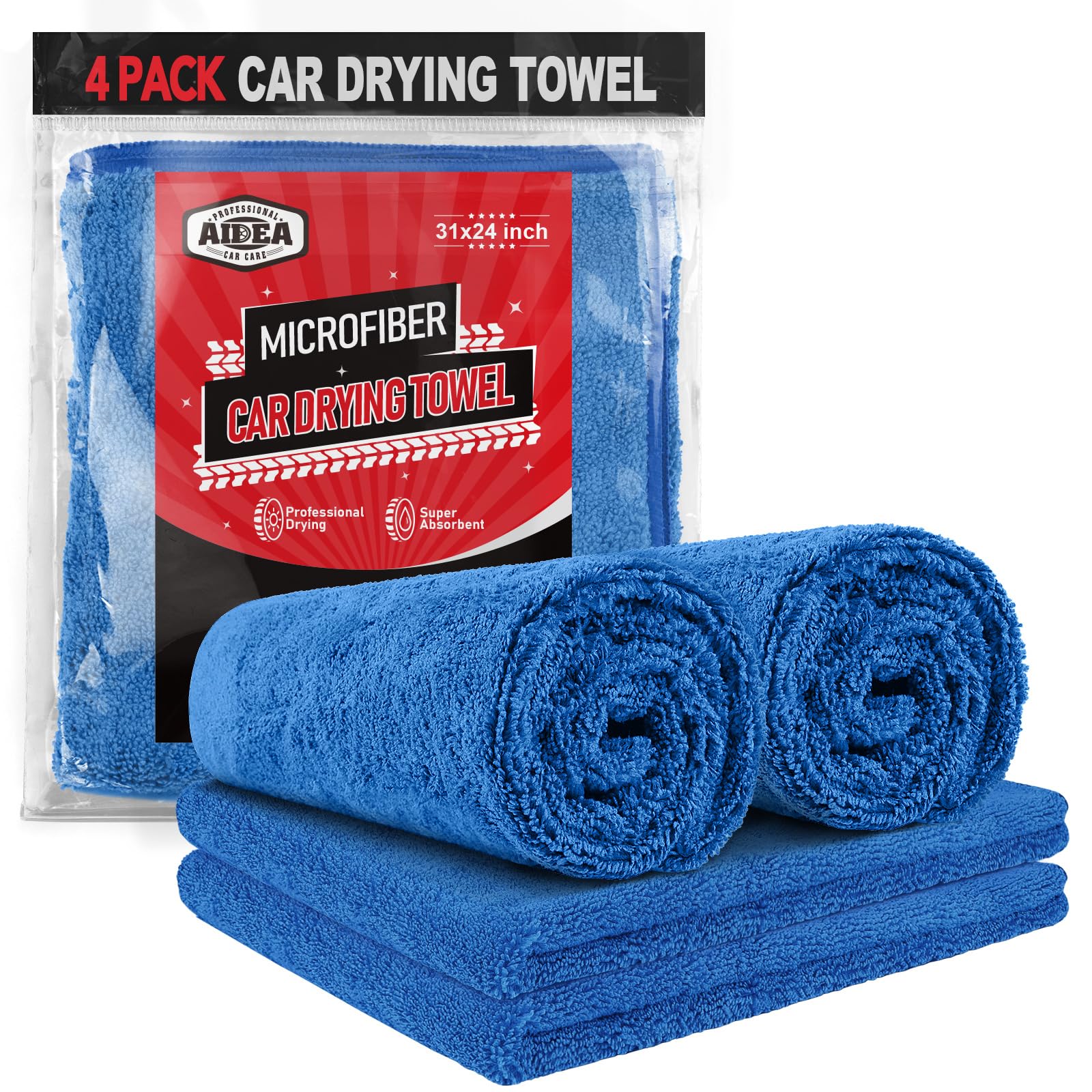 AIDEA front packaging shows four blue large drying towels, quick absorbency