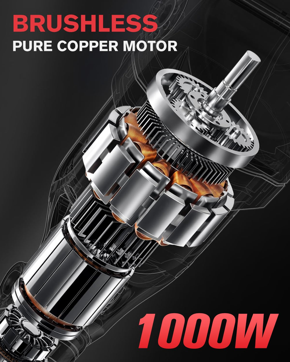 AIDERAR rear motor area highlighting brushless design for longer runtime and durability