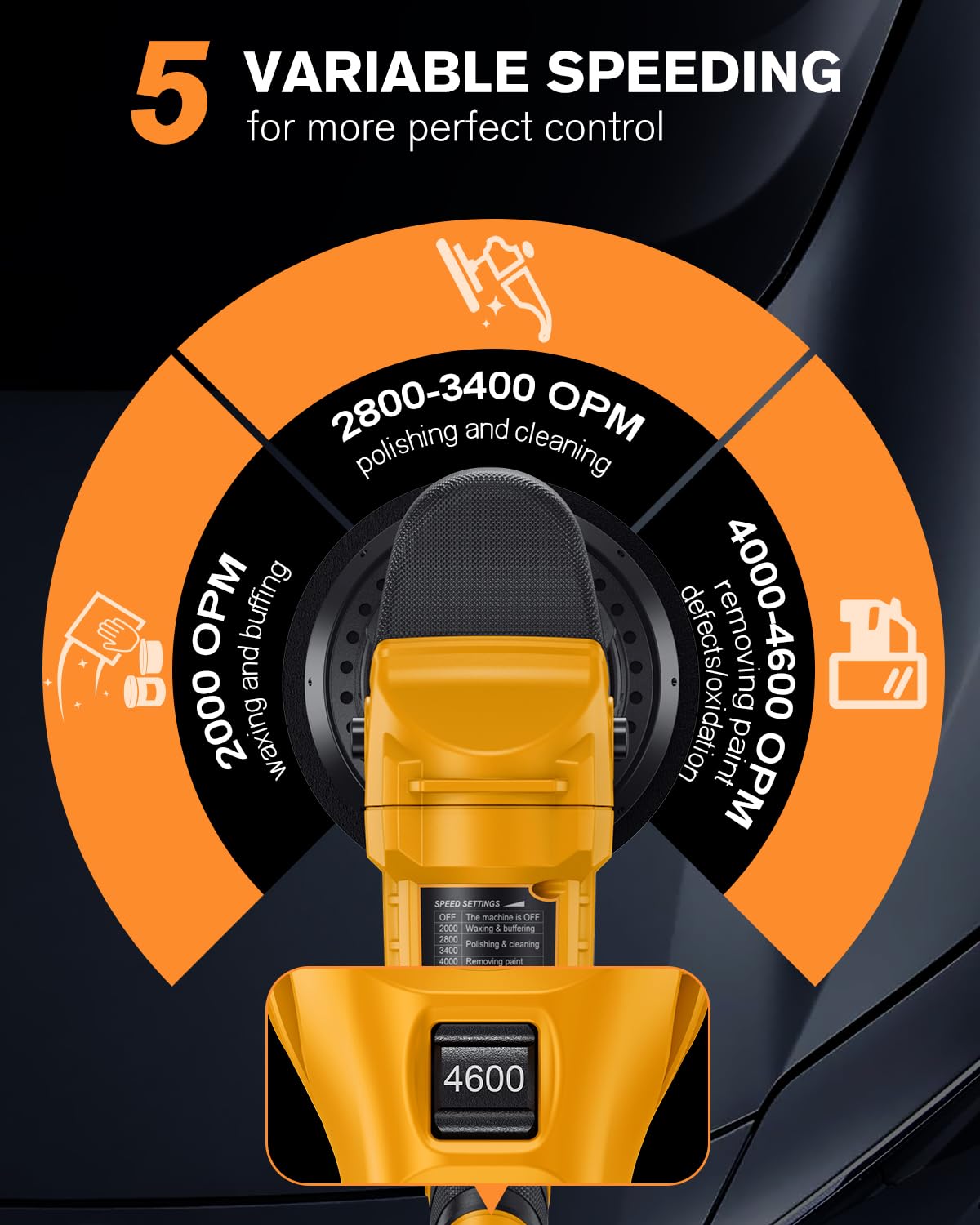 AIDERAR polisher in use on car hood showing smoothing action and time-saving benefit