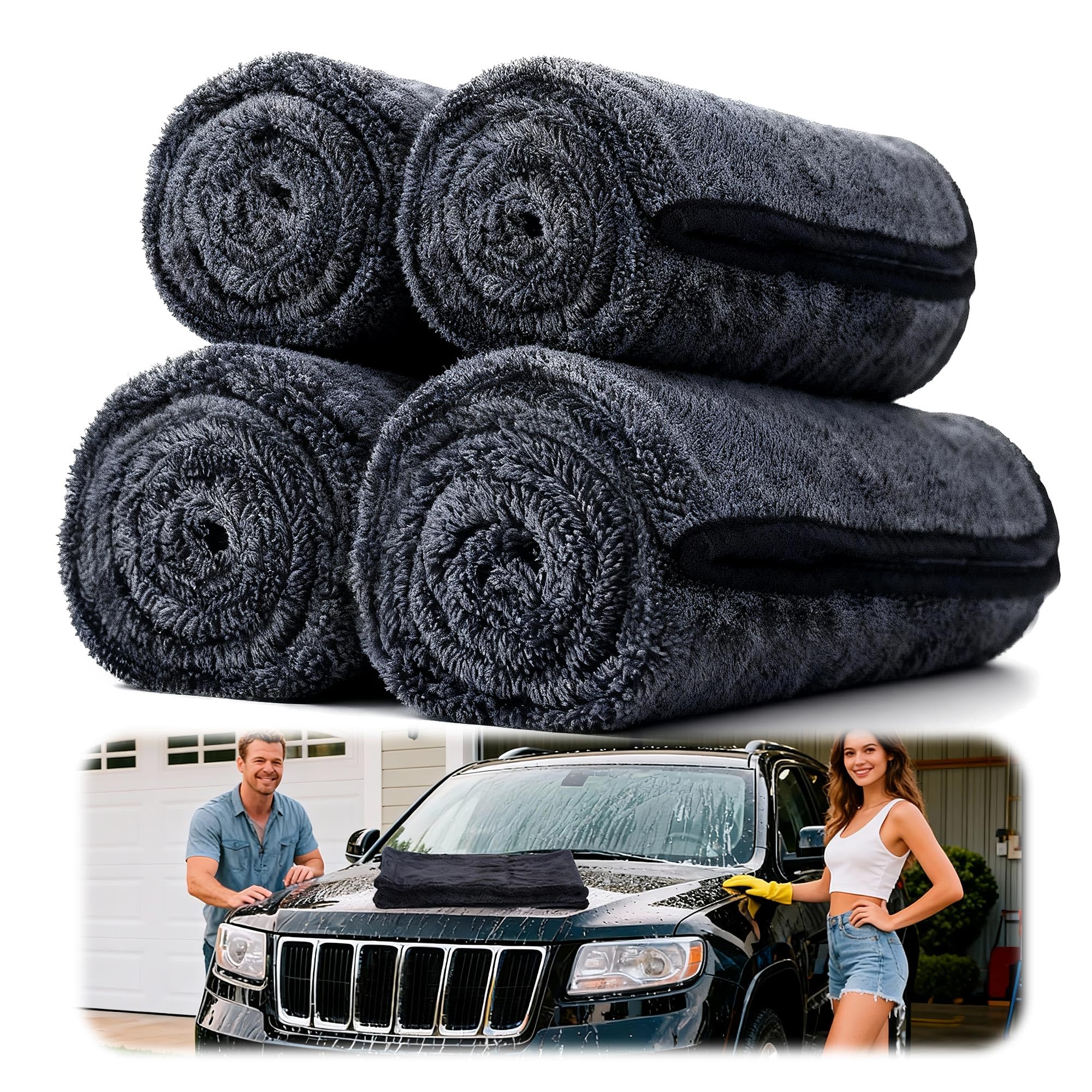 Aidoclip 4-pack front view showing black towels and compact packaging for quick identification