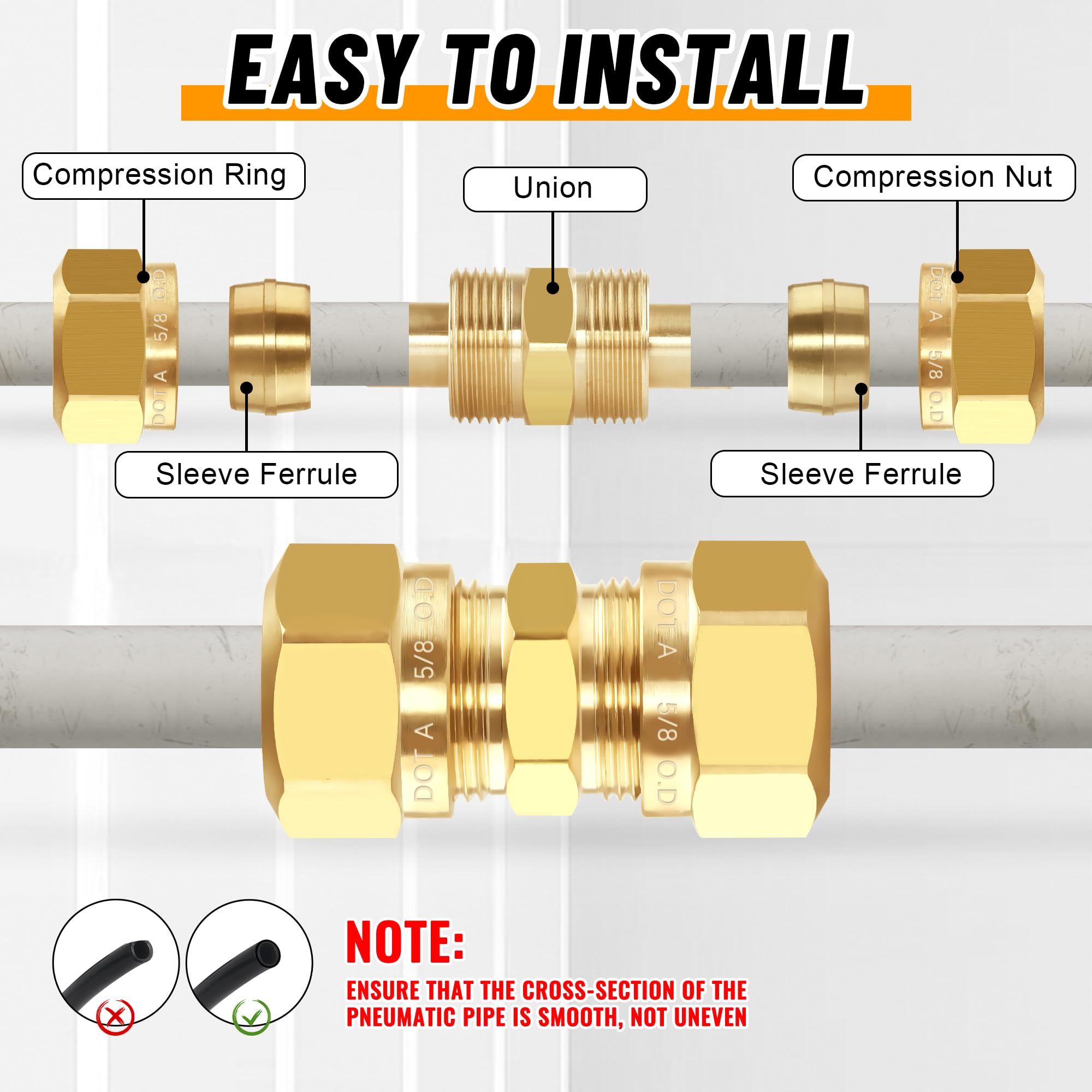 Ailbiuko straight union installed on tubing demonstrating leak-free connection benefit