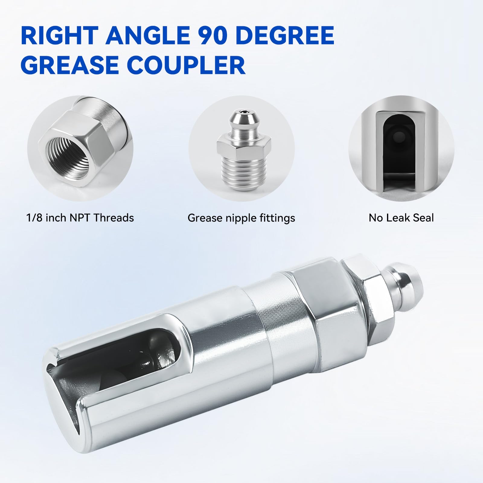 AILEDWER coupler attached to a Zerk fitting demonstrating secure connection and leak reduction