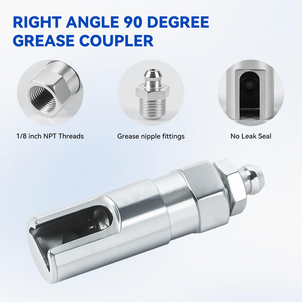 AILEDWER coupler attached to a Zerk fitting demonstrating secure connection and leak reduction